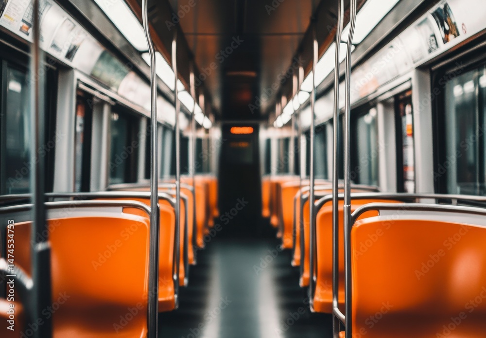 Obraz premium Empty Public Transportation Vehicle Interior With Orange Seats And Metal Poles