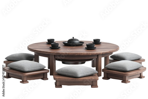 Round wooden table with eight cushioned seats, tea set
