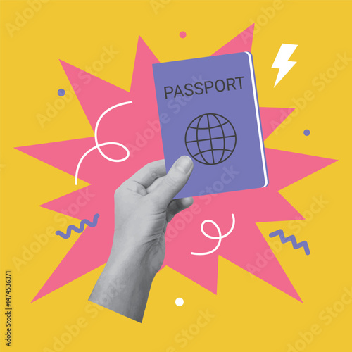 Collage design with hand holding passport document. Traveling, destination concept. Vector illustration