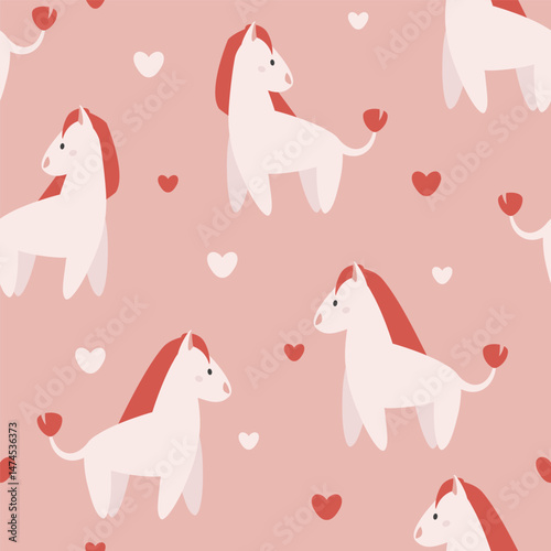 Pink vector seamless pattern of many little horses, tiny hearts signs. Cute baby cloth print. Pastel colors childish background. Flat animal icons. Kids room trending wallpaper design. Funny pony set