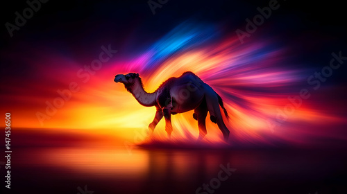 A dromedary camel strides through a vibrant, surreal sunset landscape