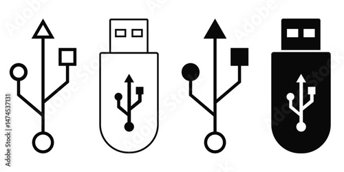 USB Flash Drive Icon Set – Vector Symbol of USB Stick, Flash Disk,
 and Storage Device Isolated on White Background