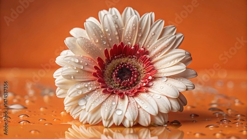 Macro Close-Up Wet Gerbera Daisy Flat Lay with Rain Drops - Isolated White & Red Flower