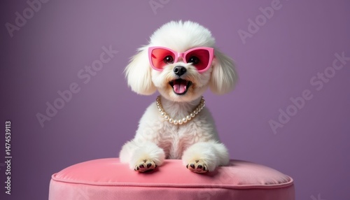 Fashionable Fluffy Dog Striking a Pose Adorable Puppy Dressed Up with Sunglasses and Pearls Against Purple