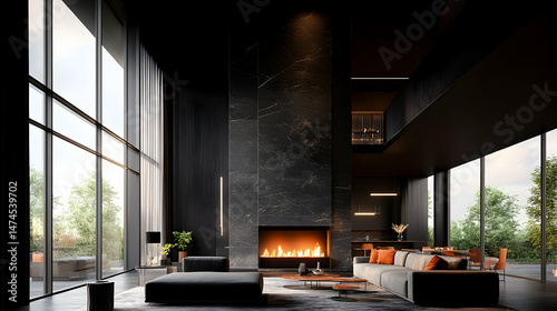 Modern living room with double-height ceilings, large windows, and a dramatic marble fireplace