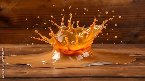 Dynamic splash of brown liquid impacting wooden surface food water drink fluid burst energy design