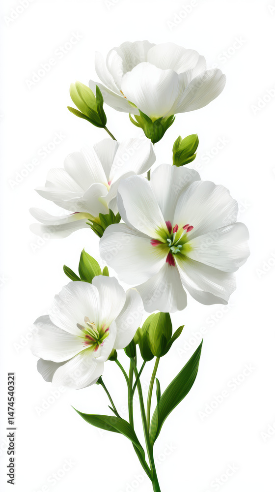 Obraz premium A delicate arrangement of pristine white flowers with vibrant green buds and stems cascades gracefully against a stark white backdrop, showcasing natural beauty.
