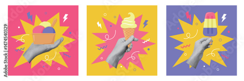 Set of collage designs with hands holding ice creams. Summertime, vacations concept. Vector illustration