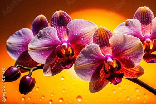 Macro Photography: Sunlight Drenched Purple Pink Orchids Against Vivid Blue Sky