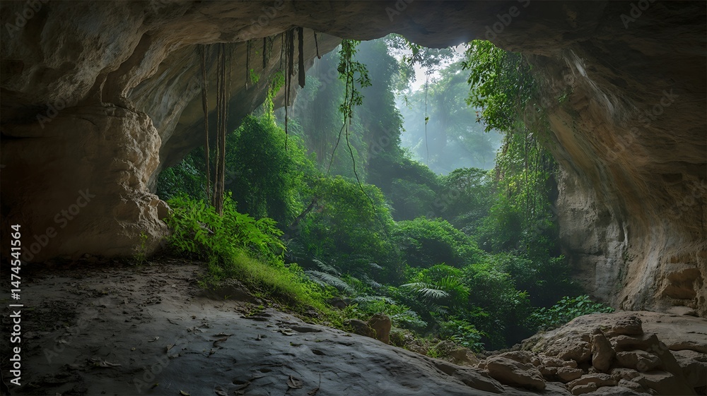 Obraz premium Inside a Lush Cave Overlooking a Vibrant Green Jungle Landscape with Abundant Vegetation