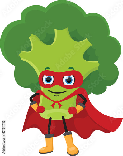 Funny Broccoli cartoon superhero character, isolated on white backgrounds