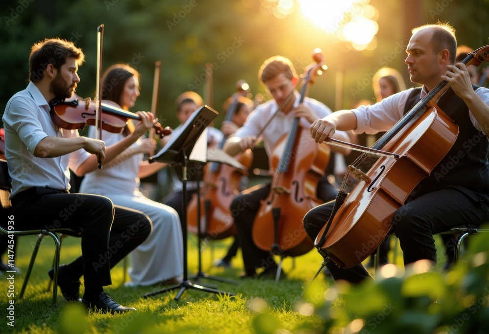 Fototapeta premium String quartet performing outdoors during sunset in a lush green park setting
