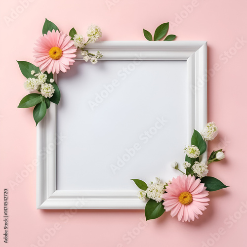 frame with flowers. empty mockup abstract festive background with flowers and a hearten shape frame happy Mother day. wedding day invitation empty text copy space.