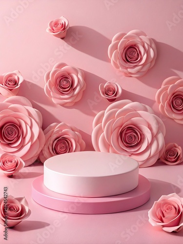 Pink floral swirl backdrop with round podium and romantic lighting cosmetic podium background
