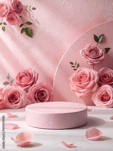 Pink peony bouquet wall with round podium and premium floral styling cosmetic podium background
