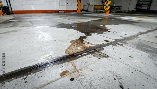 Water and Oil Spill on Concrete Floor in Industrial Space