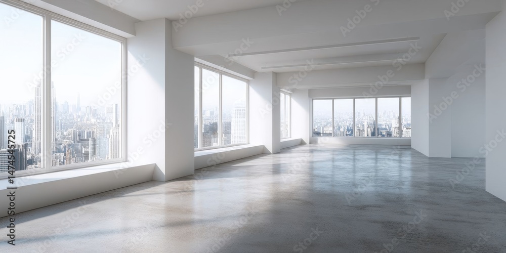 Obraz premium Modern minimalist office interior with city view and spacious design