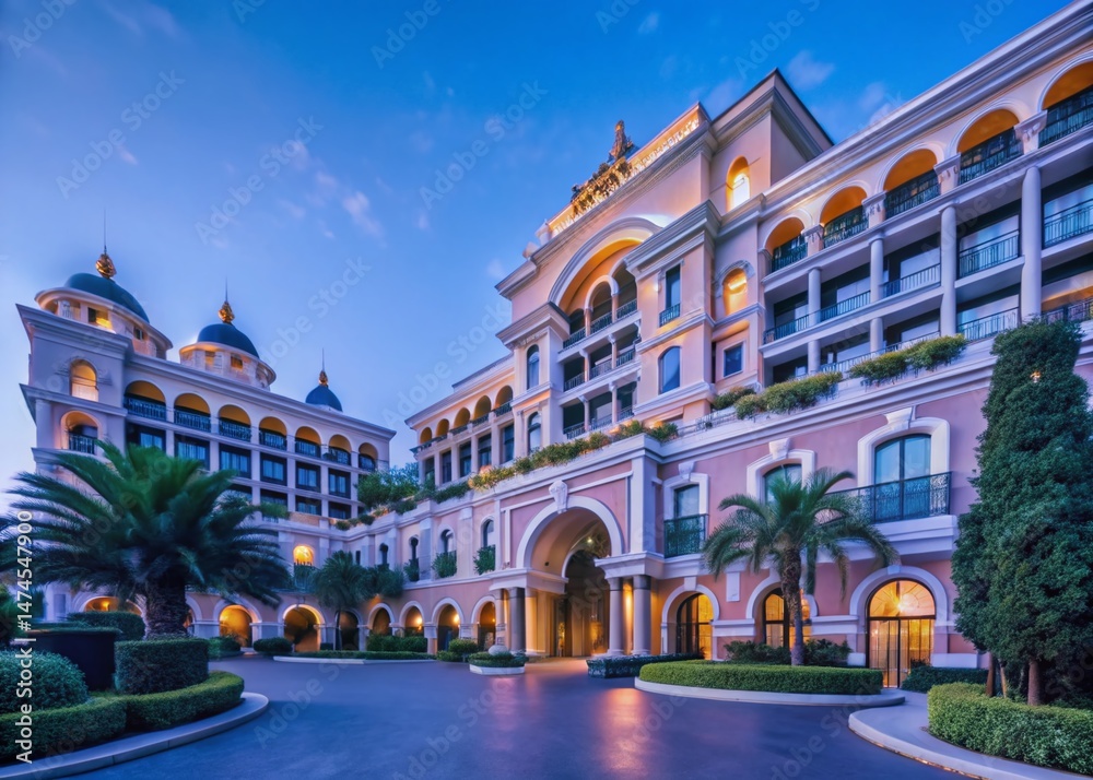 Naklejka premium Majestic Luxury Hotel: Impressive Architecture & Lush Gardens - Stock Photo