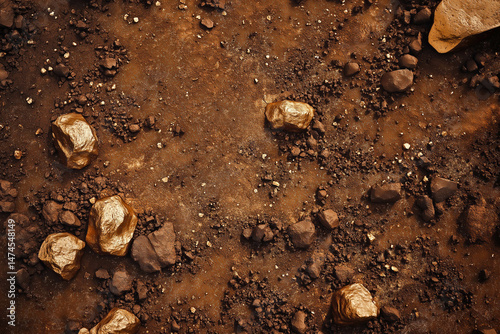 Large gold nuggets on brown dirt, emphasizing the contrast and richness of unearthed precious metal.