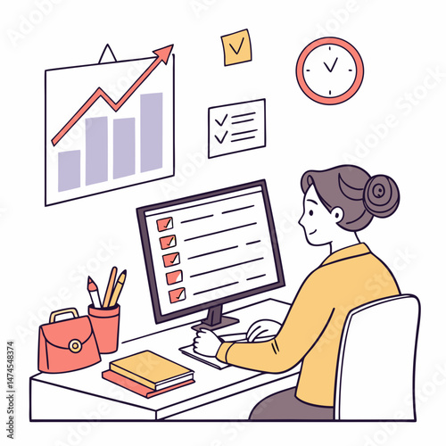 Woman working at her desk analyzing business growth with checklists and statistics in a colorful illustration