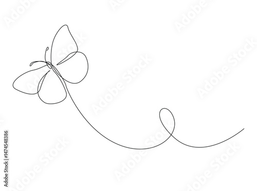Butterfly single outline illustration. Continuous line art drawing of flying butterfly. Editable stroke.