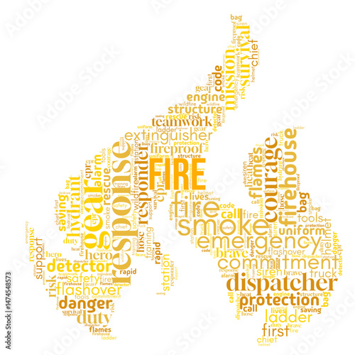 Word cloud centered on "Fire", featuring words about heat, energy, danger, and transformation. Ideal for designs related to flames, power, emergency, or symbolic intensity
