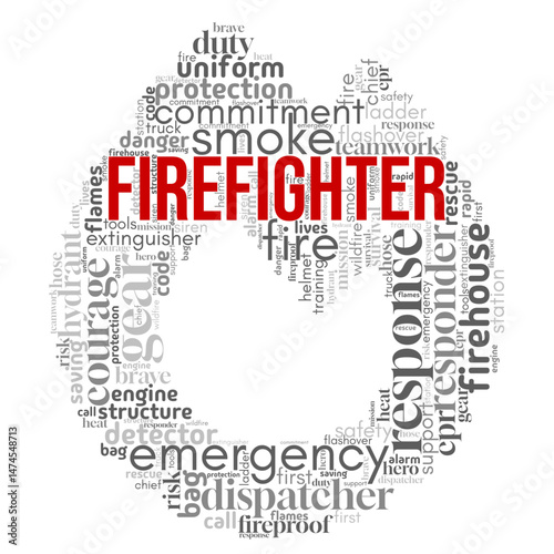Word cloud centered on "Firefighter", highlighting bravery, emergency response, and public safety. Ideal for tribute visuals, fire service awareness, and rescue-themed content.