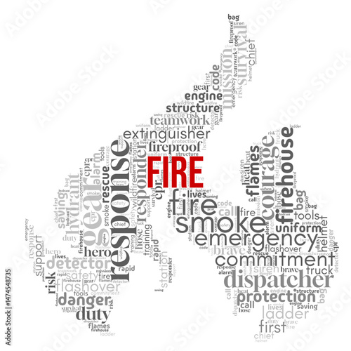 Word cloud centered on "Fire", featuring words about heat, energy, danger, and transformation. Ideal for designs related to flames, power, emergency, or symbolic intensity