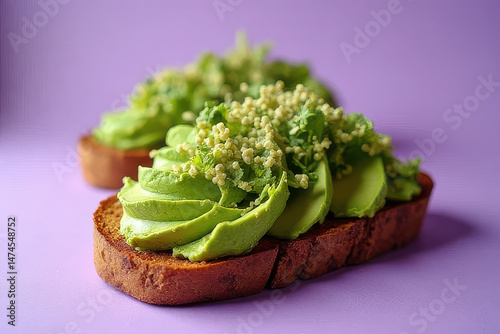 Moody Low Key Avocado Toast Photography: Rustic Corner on Soft Lilac Background