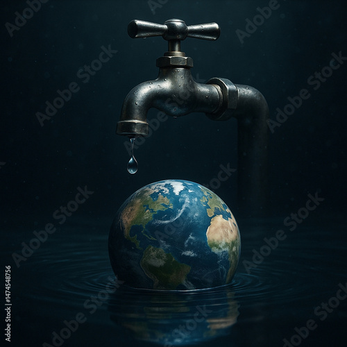 Earth Under Faucet: Conceptual Image Highlighting Global Water Conservation Crisis.