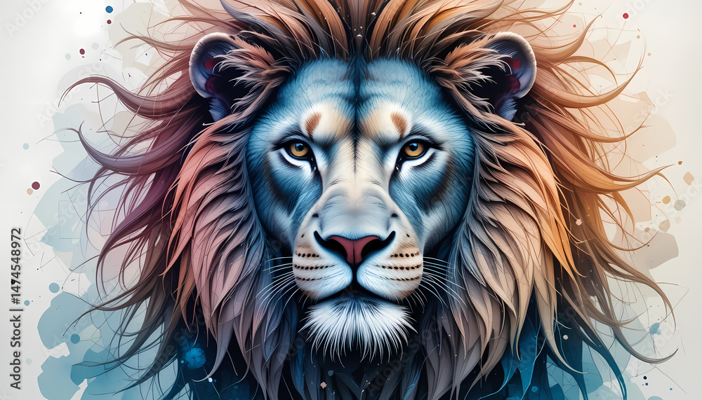 Naklejka premium Majestic Lion Portrait with Artistic Watercolor Style and Bold Colors