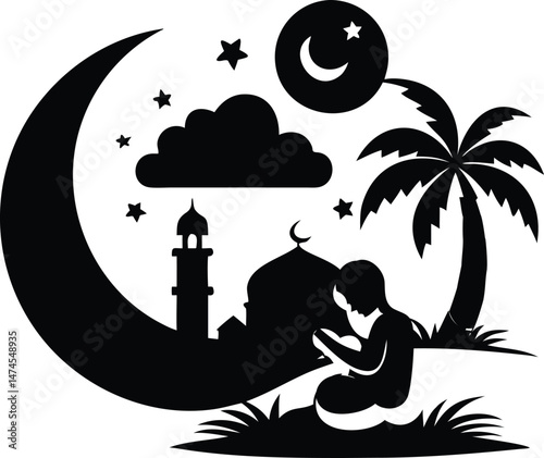 Silhouette of a Person Praying at Night Under Crescent Moon with Mosque and Palm Tree