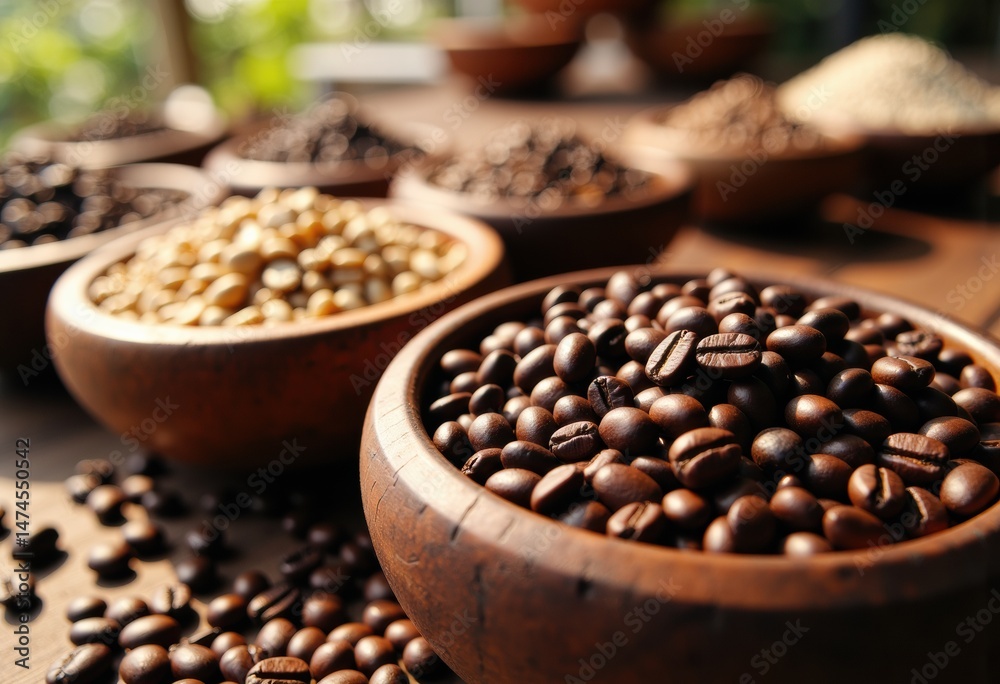Fototapeta premium Various types of coffee beans displayed in wooden bowls on a rustic table