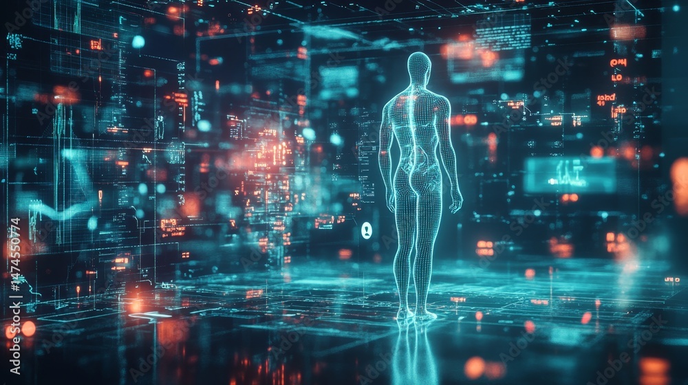 Fototapeta premium Exploring human anatomy visualization digital space 3d render futuristic environment side view health concept
