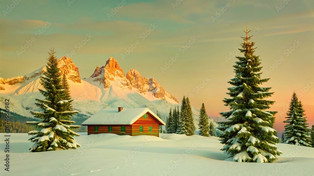Fototapeta premium Majestic Snowy Winter Mountain Landscape with Pine Trees - Stock Photo