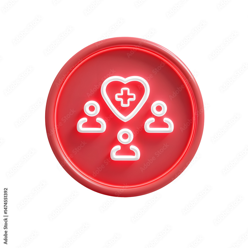 Minimalist red circular icon with a glowing white healthcare symbol of a heart with a cross connecting a group of people in a clean abstract design Minimalist red circular icon with a glowing white healthcare symbol of a heart with a cross connecting a group of people in a clean abstract design