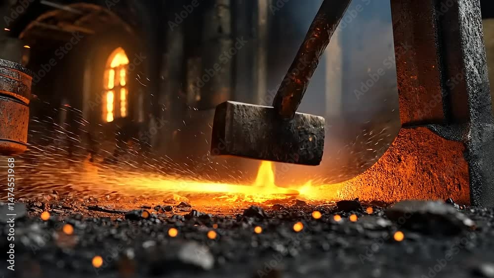 Forging Steel: A Cinematic Blacksmith Workshop with Fiery Sparks and Intense Heat