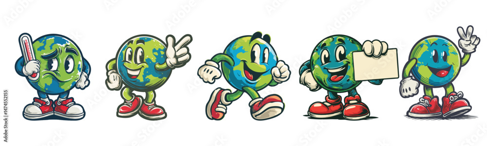 Obraz premium vintage retro style planet earth cartoon mascot character with expressive faces and gestures
