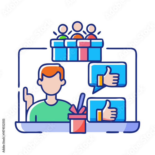 Iconic illustration depicting customer feedback, positive reviews, and a virtual presentation on a clean transparent background
