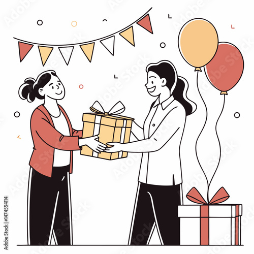 Two women exchange a gift on a special occasion illustrated with balloons and decorations