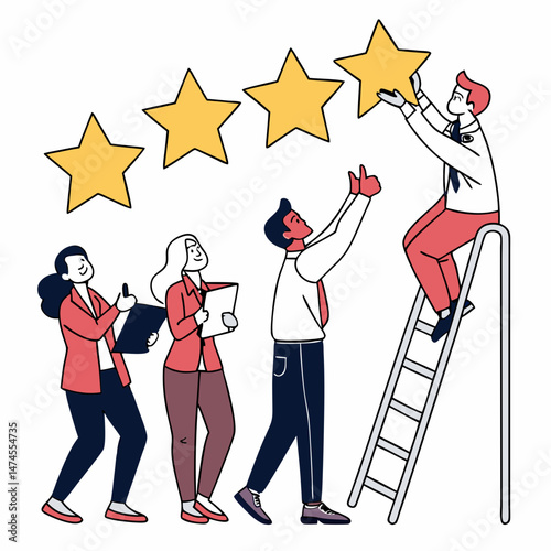 Team reaching for success as colleagues rate a performance with positive star feedback