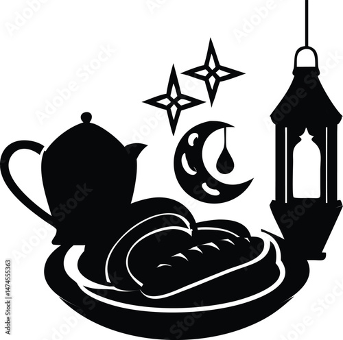 Ramadan Kareem Iftar Meal Silhouette Illustration with Lantern and Crescent Moon