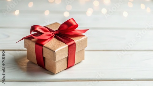 Miniature Gift Box with Red Ribbon Bow on White Wooden Background - Tilt-Shift Photography