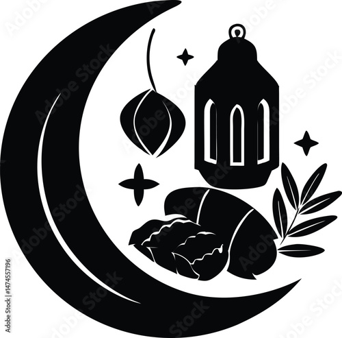 Ramadan Kareem Crescent Moon Lantern Dates Silhouette Illustration