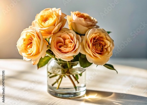 Miniature Tilt-Shift Photo of Five Roses in Glass Vase - Romantic Floral Still Life