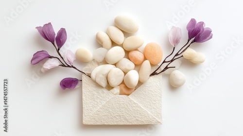 Decorative Envelope with White Stones and Purple Flowers for Natural Aesthetic Presentation