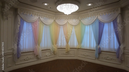 Elegant Room with Soft Drapes and Crystal Chandelier in Warm Pastel Tones