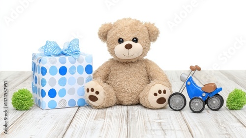 Cute Teddy Bear with Gift Box and Toy Tricycle on Wooden Table Background