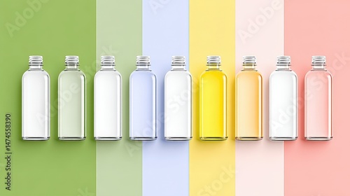 Colorful Glass Bottles Arranged on Pastel Backgrounds for Modern Packaging Design