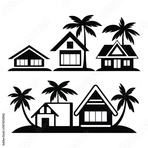 Tropical Beach House Silhouette Vector Set with Palm Trees photo